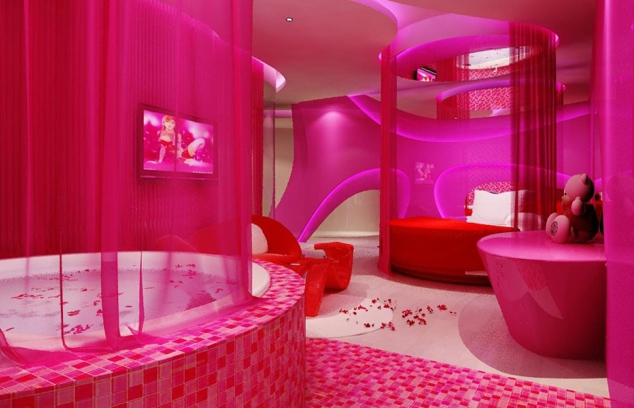 情侶主題酒店設(shè)計大圓床與紗簾之間妙用