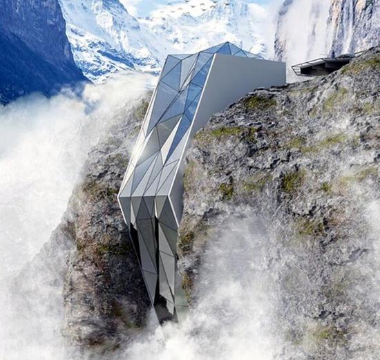 高山夾縫中的水晶酒店-阿爾卑斯懸崖酒店概念圖