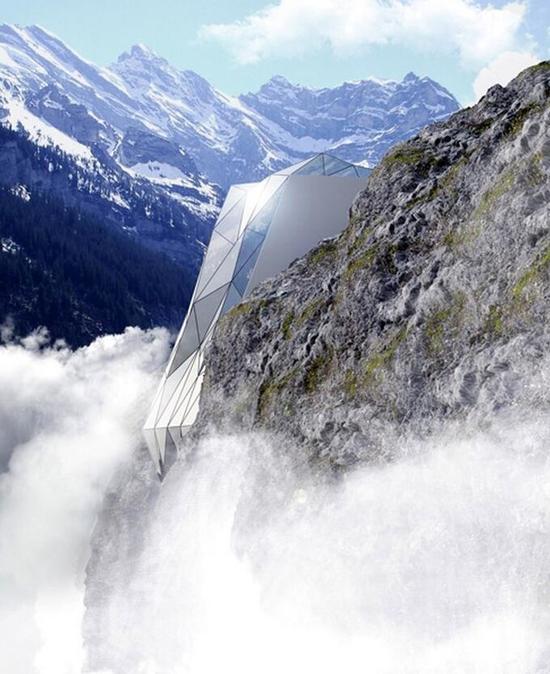 高山夾縫中的水晶酒店-阿爾卑斯懸崖酒店概念圖